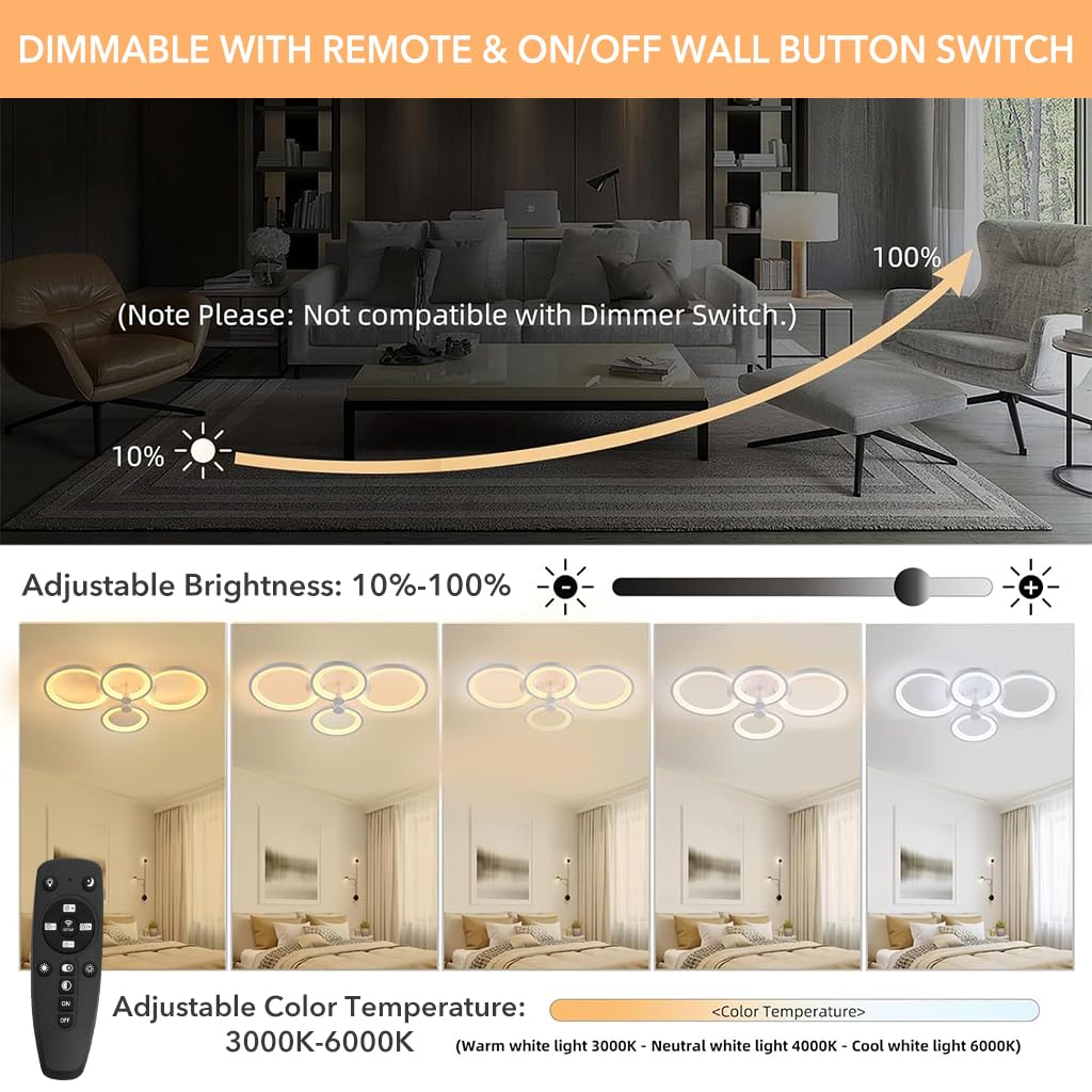 [Second-hand]ELEPHANTBOAT@ 36W Dimmable Ceiling Light for Living Room, 3-Color Round LED Ceiling Light with Remote Control, Flush Mount Lighting Fixture with 4 White Rings for Living Room Bedroom (2800-6000k)