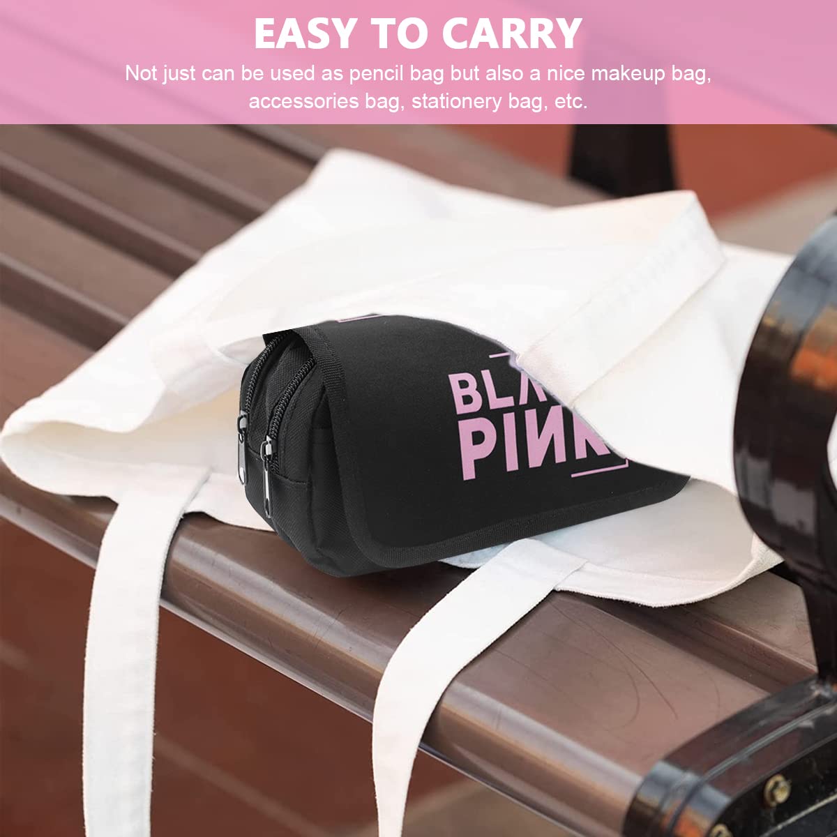 HASTHIP Cosmetic Bag Organizer for School and Travel with Double Zippers 15×15×20cm | Polyester Blackpink Prints Pouch for Fans