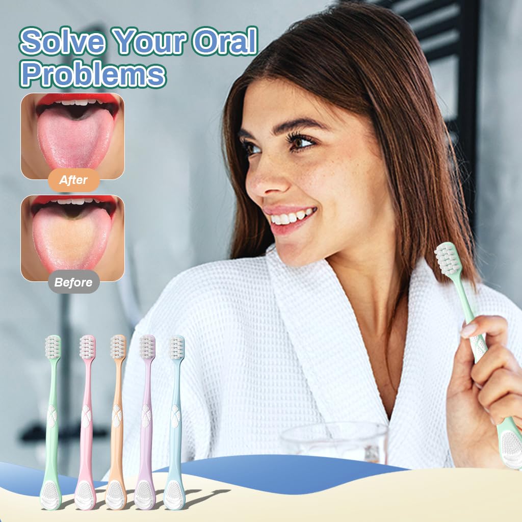 HANNEA Tongue Scraper for Oral Hygiene with Dual End Brush and Silicone Cleaner 5 Pack