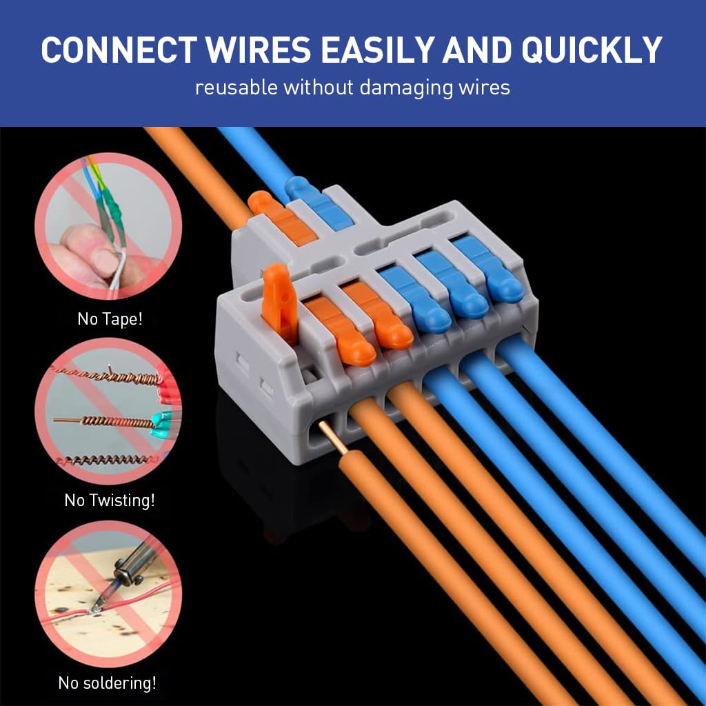 Serplex® 10Pcs Lever-Nut Wire Connectors, 2 In to 6 Out Conductor Compact Electrical Connectors, Quick Wiring Cable Connectors Push-in Conductor Terminal Blocks, Flame Retardant PA/PC