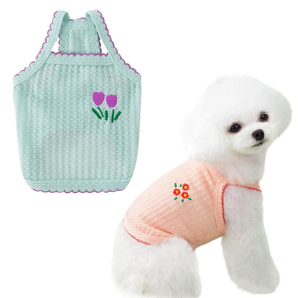 Qpets® 2 Pack Dog Clothes Lovely Flower Embroidery Clothes Pink & Mint Green Summer Breathable Cotton Dog Vest Stretchy Dog Clothes Sleeveless for Small Dogs, Cat (Size: L, Pink+Green)