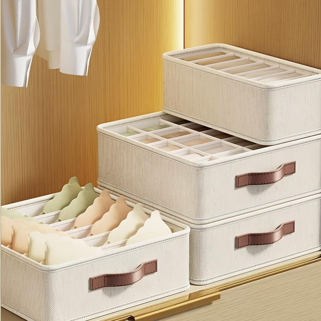 Zibuyu Undergarments Organizer 3PC Set for Women with 33 Slots and Foldable Cotton Jute Design