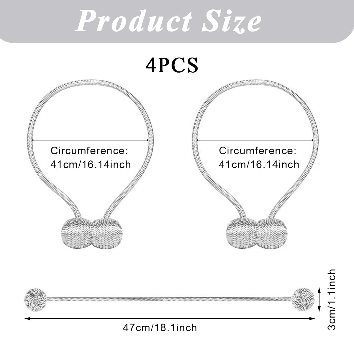HASTHIP Magnetic Curtain Tiebacks for Home and Office with 40cm Rope and 3.3cm Balls | Grey