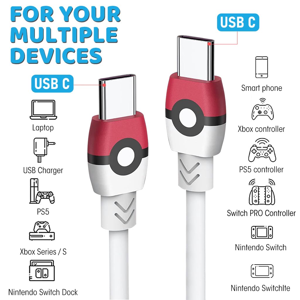 Zeitel Type C to Type C PD 20W Charging Cable for Gaming Controllers featuring 4.9ft Length and Ball-Shaped Protector | Compatible with Switch, PS5 and Xbox Series