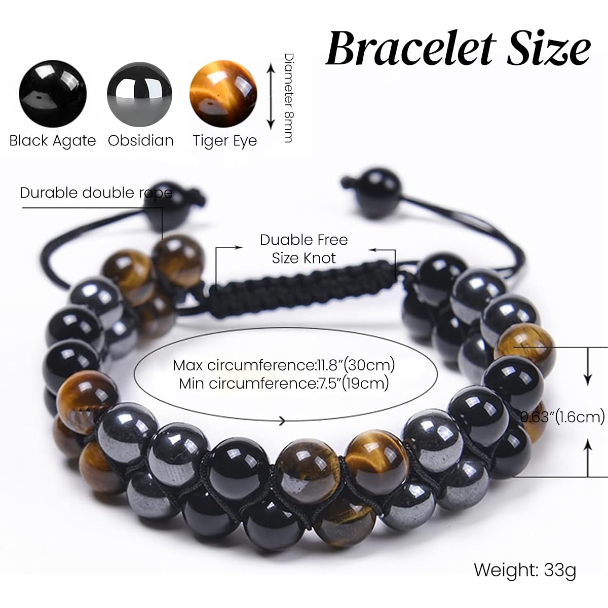 Venzina Beads Bracelet for Women and Men with Double Layer Design and 8mm Agate Stones | Natural Tiger Eye and Black Obsidian for Good Luck