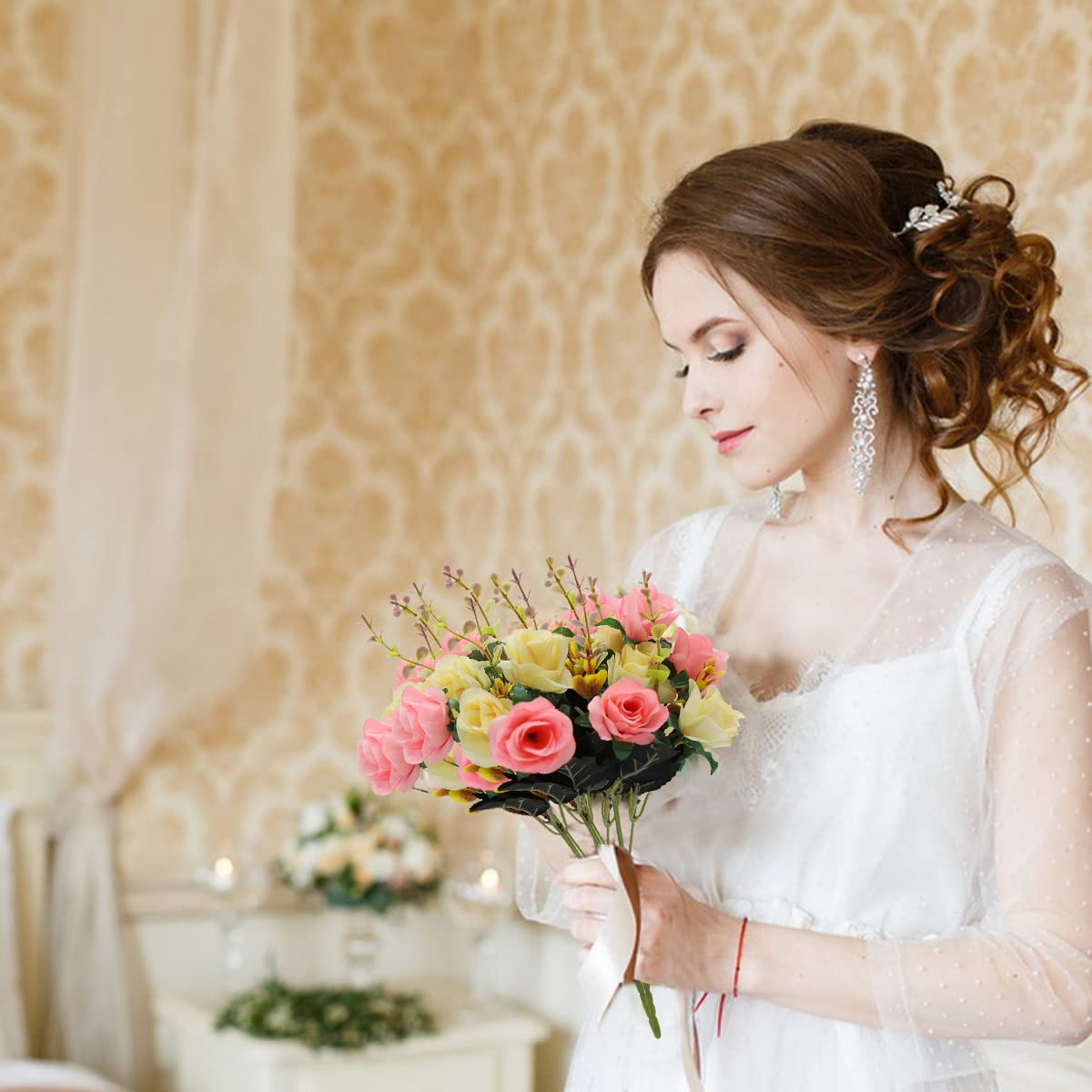 HASTHIP Artificial Rose Flowers for Home and Wedding Decor with 2 Bundles 24pcs Pink and White Silk Roses