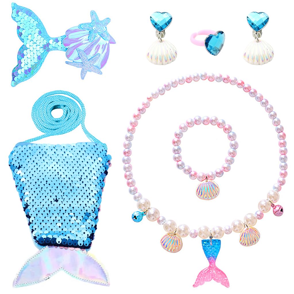SANNIDHI Girls Mermaid Jewelry Set of 6Pcs Mermaid Faux Pearl Necklace Bracelet Earring Ring Hair Clip Set Mermaid Sequin Bag Birthday Gift for Girls Princess Christmas Gifts