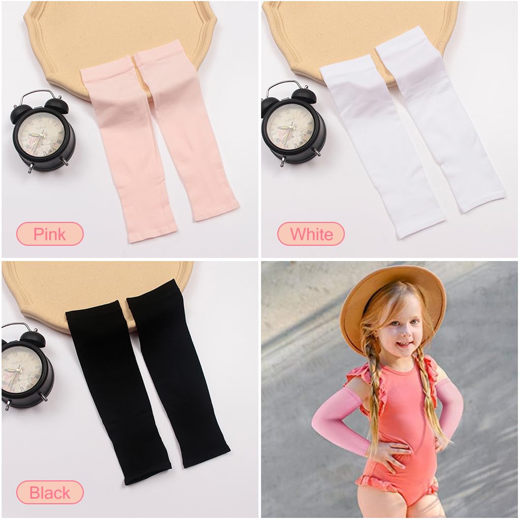 SNOWIE SOFT Kids UV Protection Arm Sleeves for Outdoor Sports with Anti Slip Ends | 3 Pairs 28.5 cm Stretch Fabric in Black White Pink