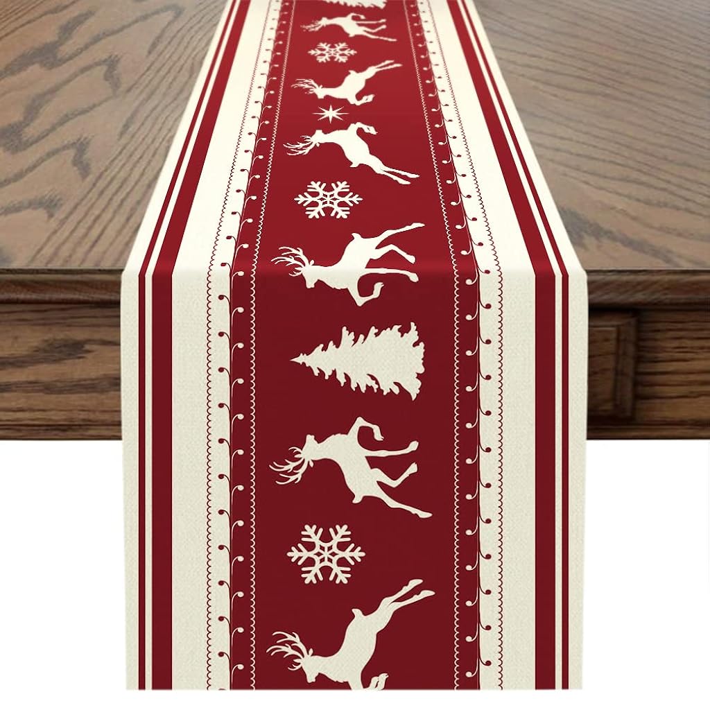 HASTHIP® Christmas Table Runner 35x180cm Festive Red Elk Snowflake Pattern Table Cloth Tassel Edge Design,Waterproof Cotton and Linen Christmas Runner for Party,Gathering