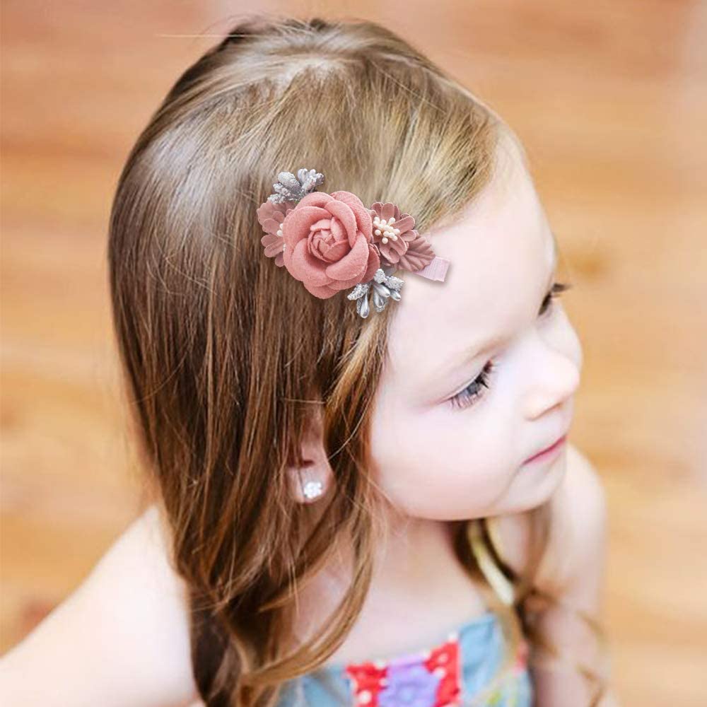 GUSTAVE® Pink 3 Pcs Floral Flower Hair Clips and Bow Hair Accessories for Girls,Baby,Toddlers,Teens Gifts