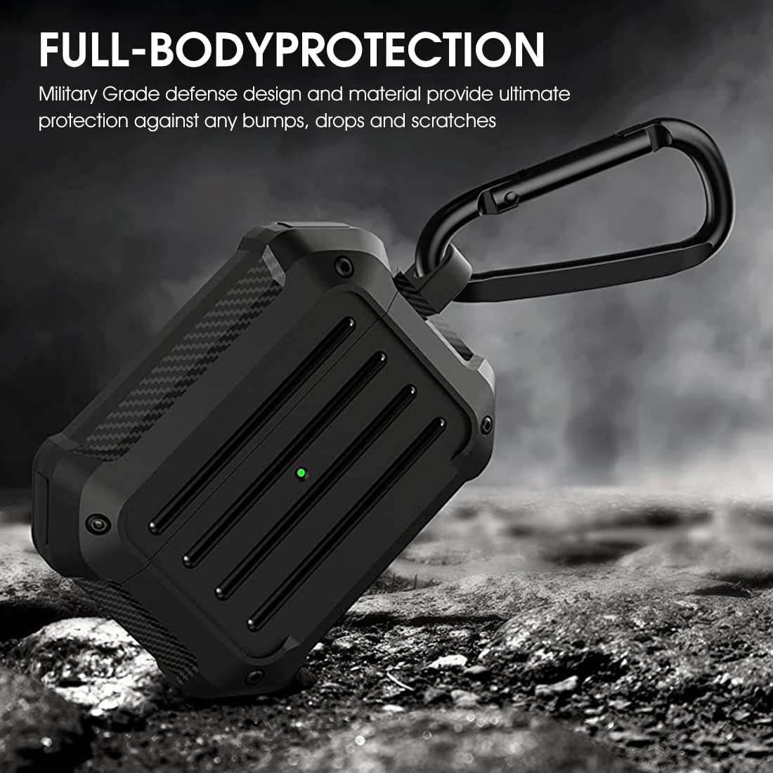 ZIBUYU Heavy Duty Protective Case for AirPods Pro C(2019) harging Case, with Carabiner Shockproof Support Wireless Charging (Black)