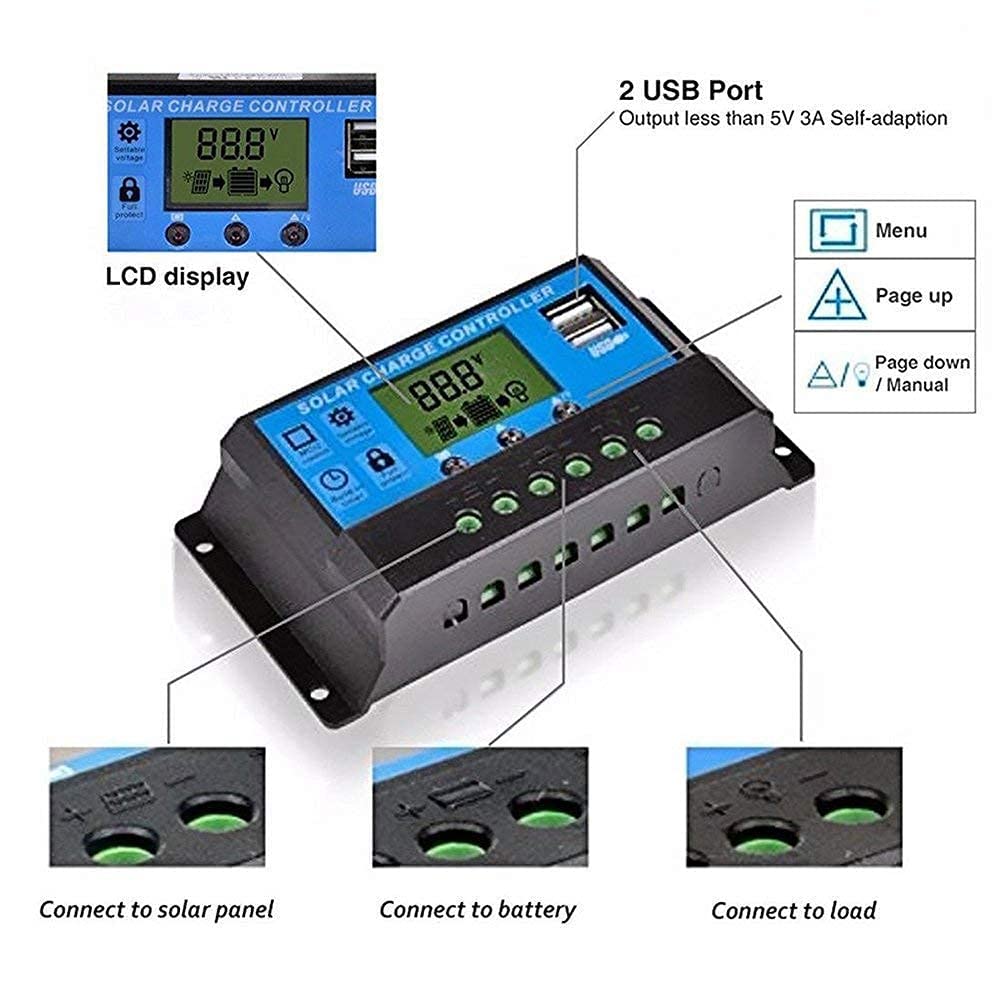 Verilux 20A 12V/24V Solar Charge Controller Solar Panel Controller Intelligent Regulator with Dual USB Port 5V Light Timer Control LCD Display