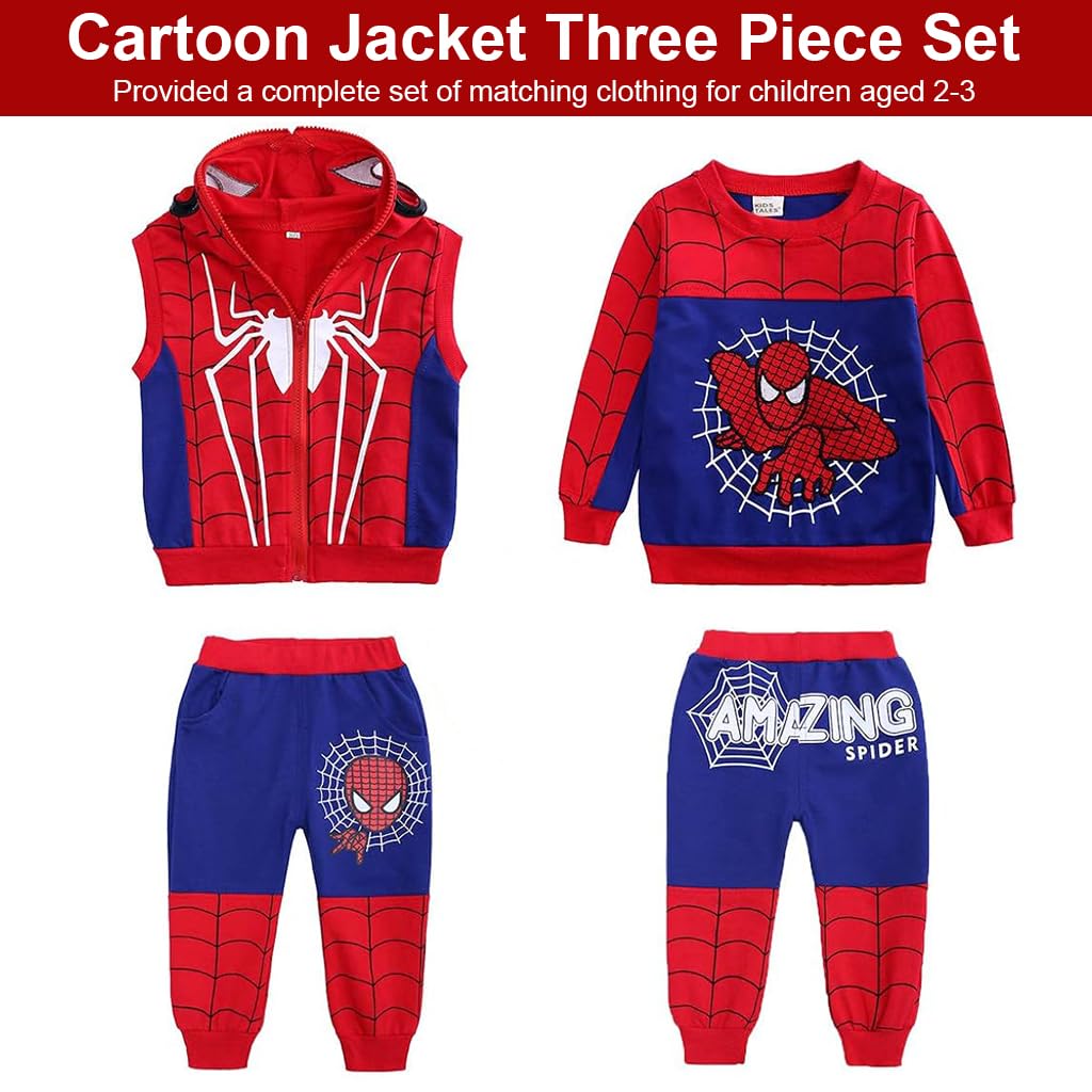 GUSTAVE® Spider Man Jacket Hoodies for Boys and Trousers Set of 3pcs, Cartoon Print Sweatshirt Sleeveless Hoodie Coat & Pants Set for Baby Boy 3-4 Years Old, Toddler Children Clothing Suit