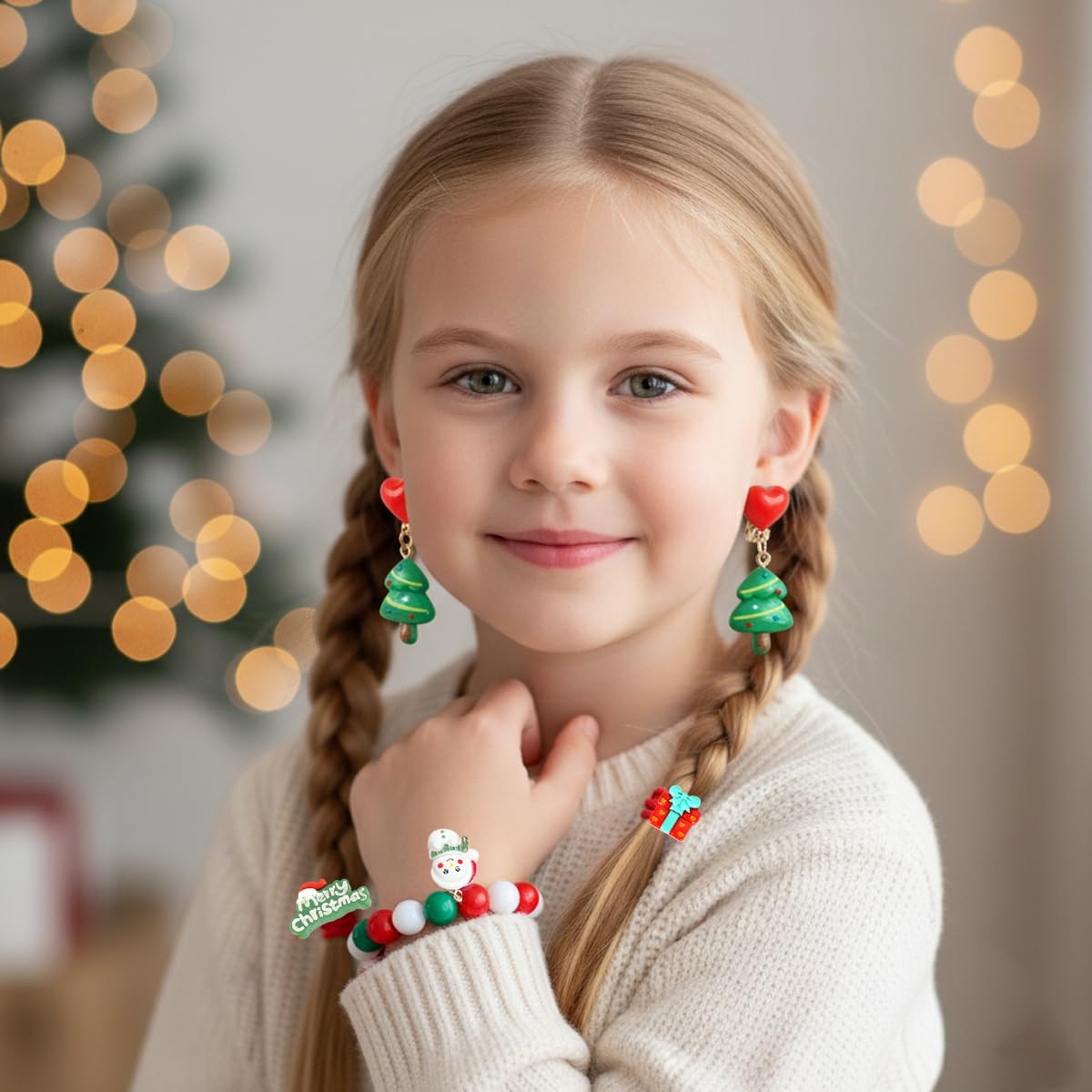 MAYCREATE Christmas Jewelry Hair Accessories Kit for Kids with Bracelet and Earrings | Gift Box Set for Holiday Dress Up