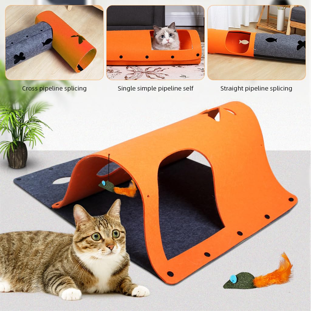 Qpets Felt Cat Tunnel for Play and Hiding with Transformable Felt House 52x70cm | Set of 2