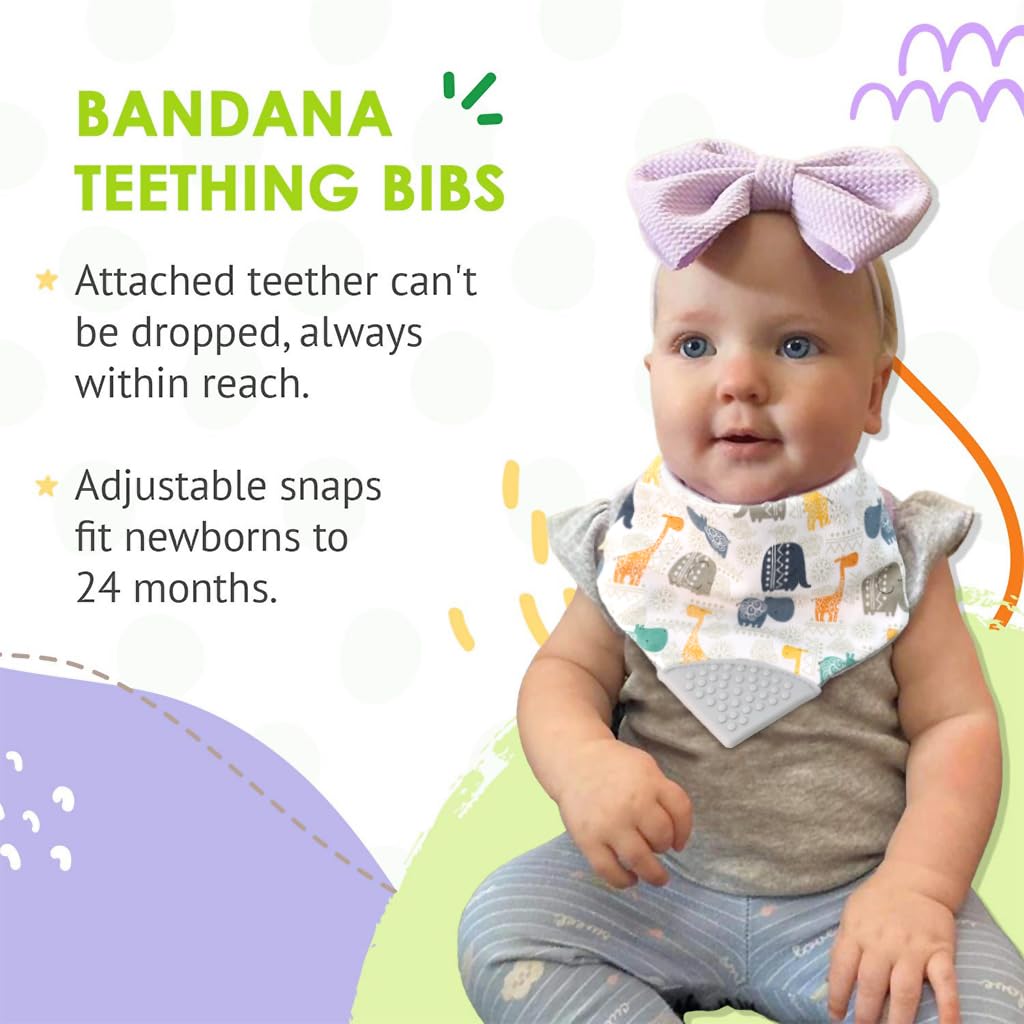 SNOWIE SOFT® Baby Bib Cotton Bandana Bib Adjustable Snap Button Design Teething Bib with Teether Corner Feeding Bib Fashion Print Baby Bib for 6-24 Months