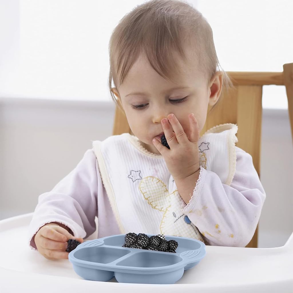 SNOWIE SOFT Baby Suction Plates for Baby Feeding with 4 Strong Suction Cups, Silicone Toddler Plates with Spoon & Fork for Kids to Feed Themselves, Dish Washer & Micro-Wave Oven Safe