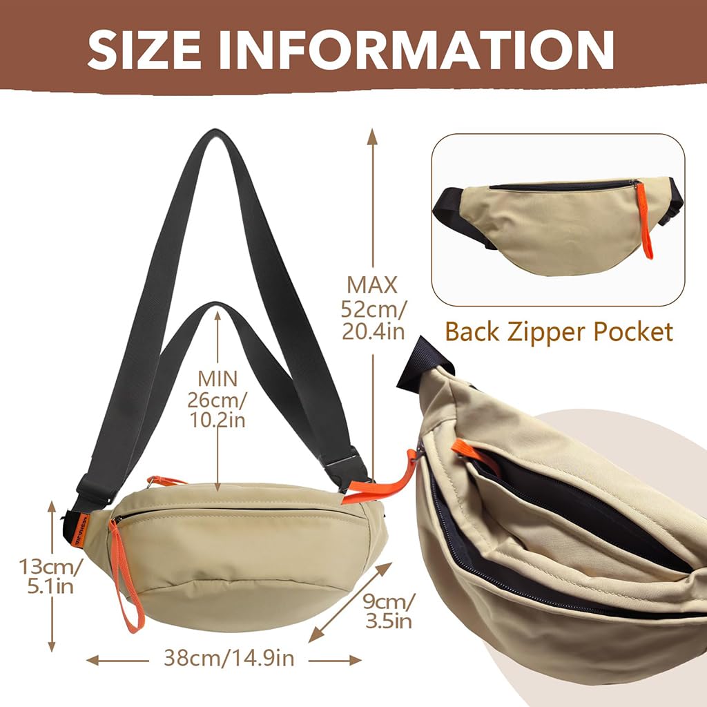 ZIBUYU Nylon Crossbody Waist Bag for Travel and Hiking with Multi-Compartments | Coffee