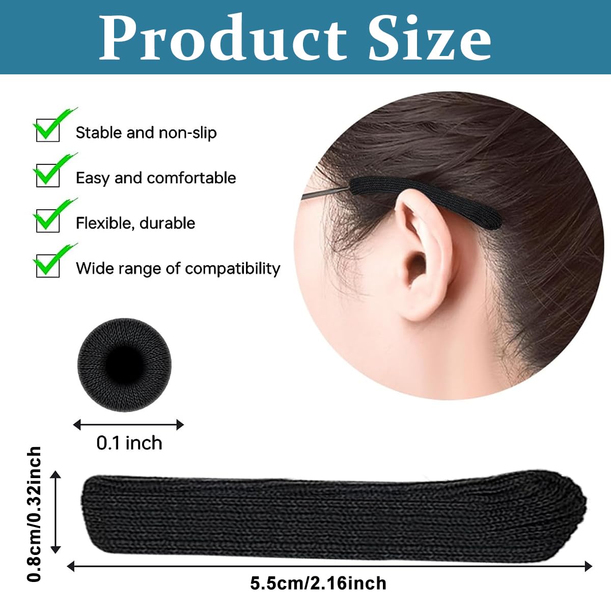 HASTHIP® 2 Pairs Glasses Ear Cushion, Anti-Slip Elastic Eyeglasses Temple Tips Sleeve Retainer, Comfort Soft Knitting Fabric Sunglasses Ear Grips for Eyewear - Black