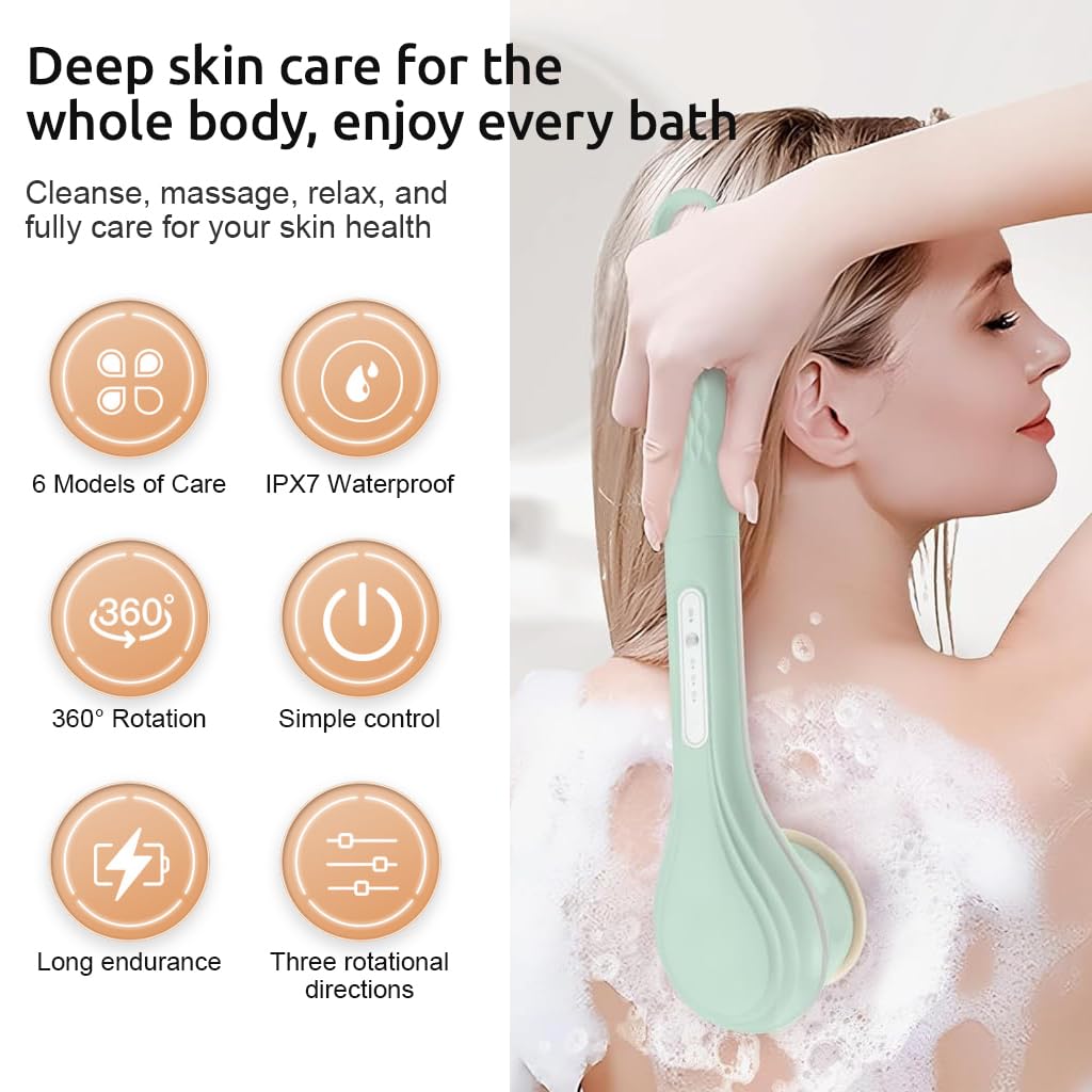 HANNEA Electric Bath Brush with 6 Brush Heads and 3 Modes featuring 14.5 in Length | IPX7 Waterproof USB Rechargeable Design