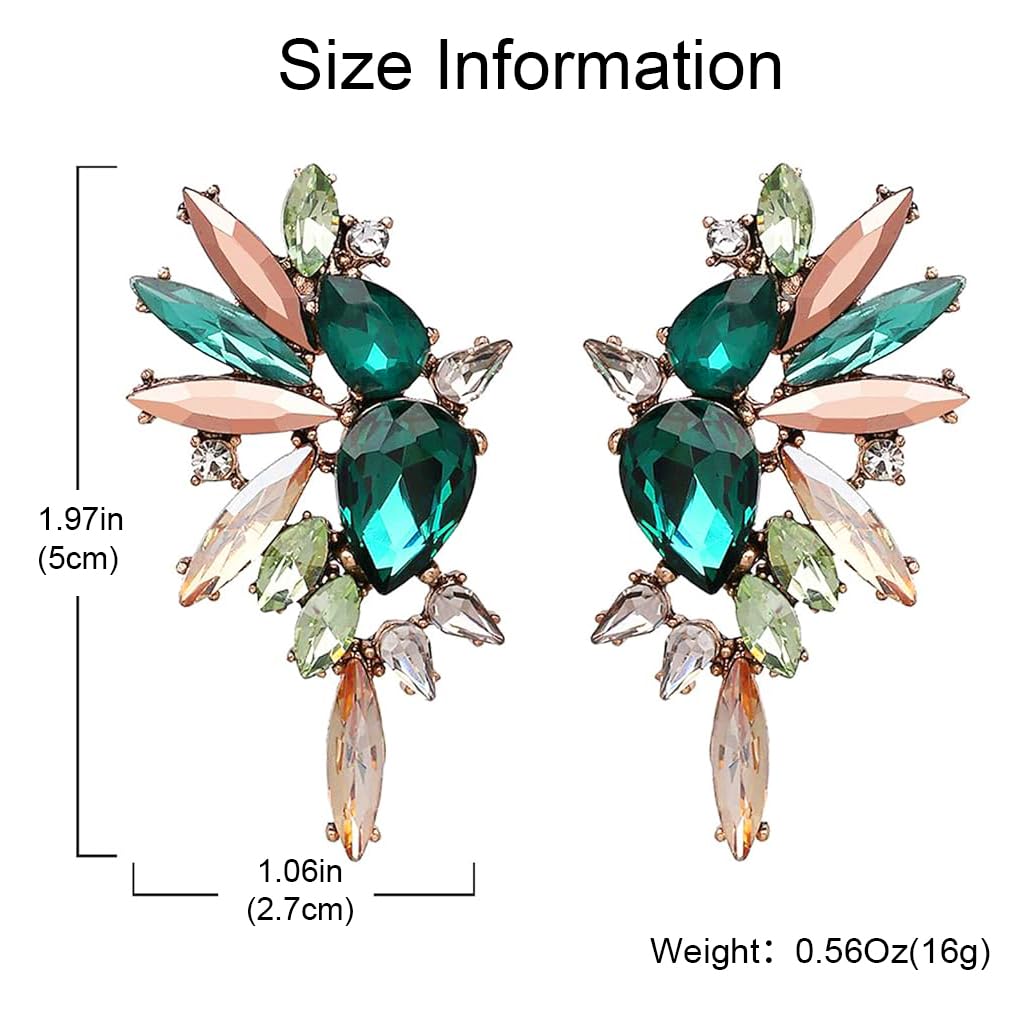 Venzina Earrings for Women with 1.9 in Drop Design featuring Green Crystals and Symmetrical Artistry