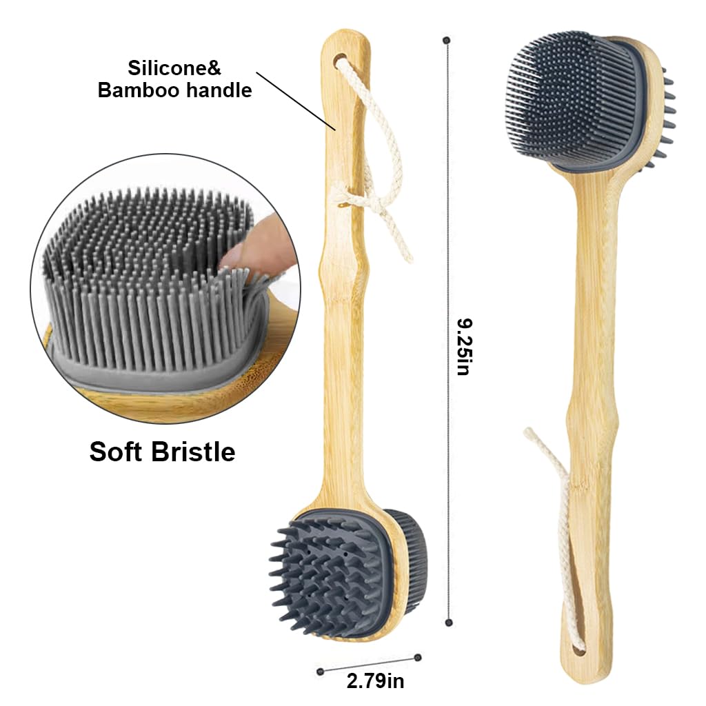 MAYCREATE Silicone Back Scrubber for Shower with Dual Sided Brush and Wooden Handle | Black