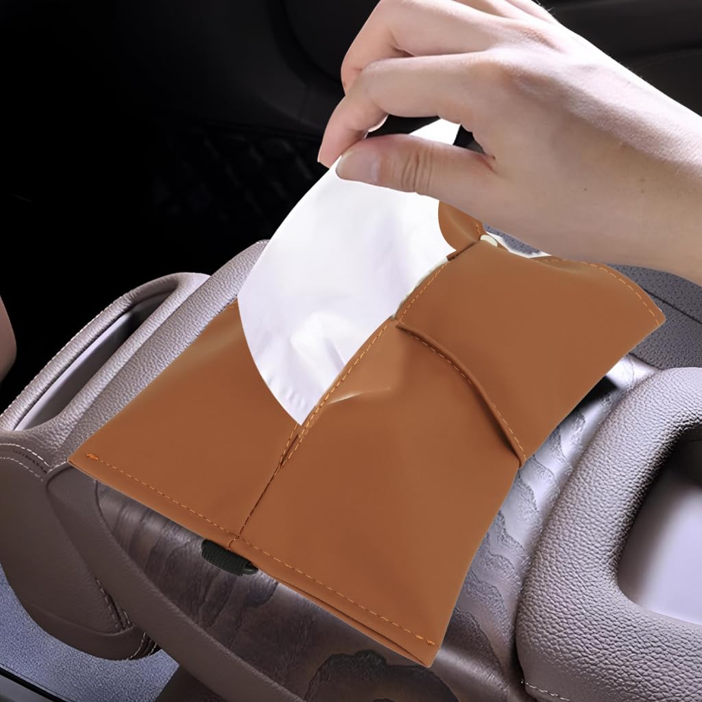 STHIRA Car Tissue Box for Center Console and Headrest featuring Adjustable Elastic Strap | Brown PU Leather Accessory