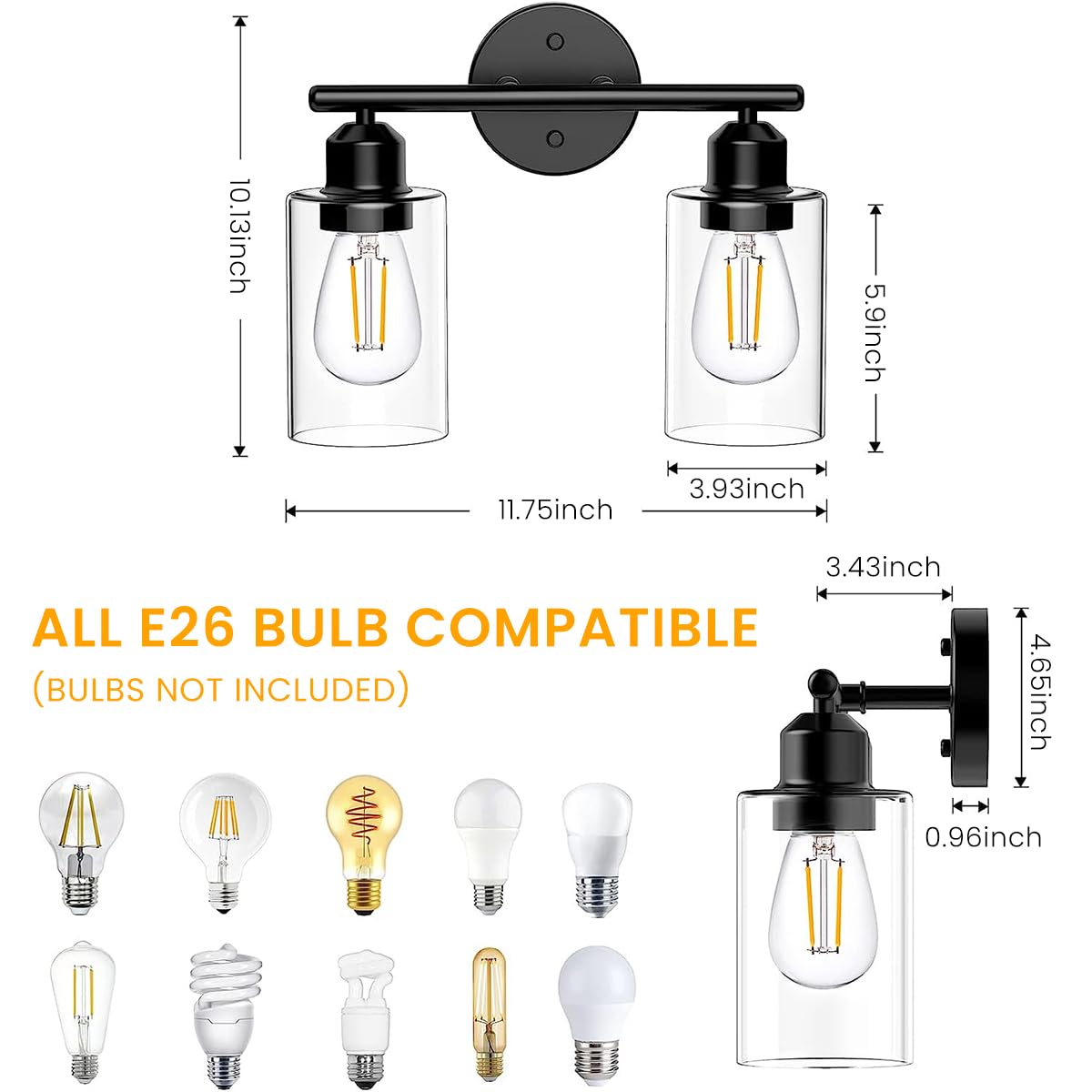 ELEPHANTBOAT E27 Wall Mounting Light Fixture for Bedroom and Hallway with Dual 10cm Glass Lampshades featuring Screw Fixing Base | Matte Black Metal Design