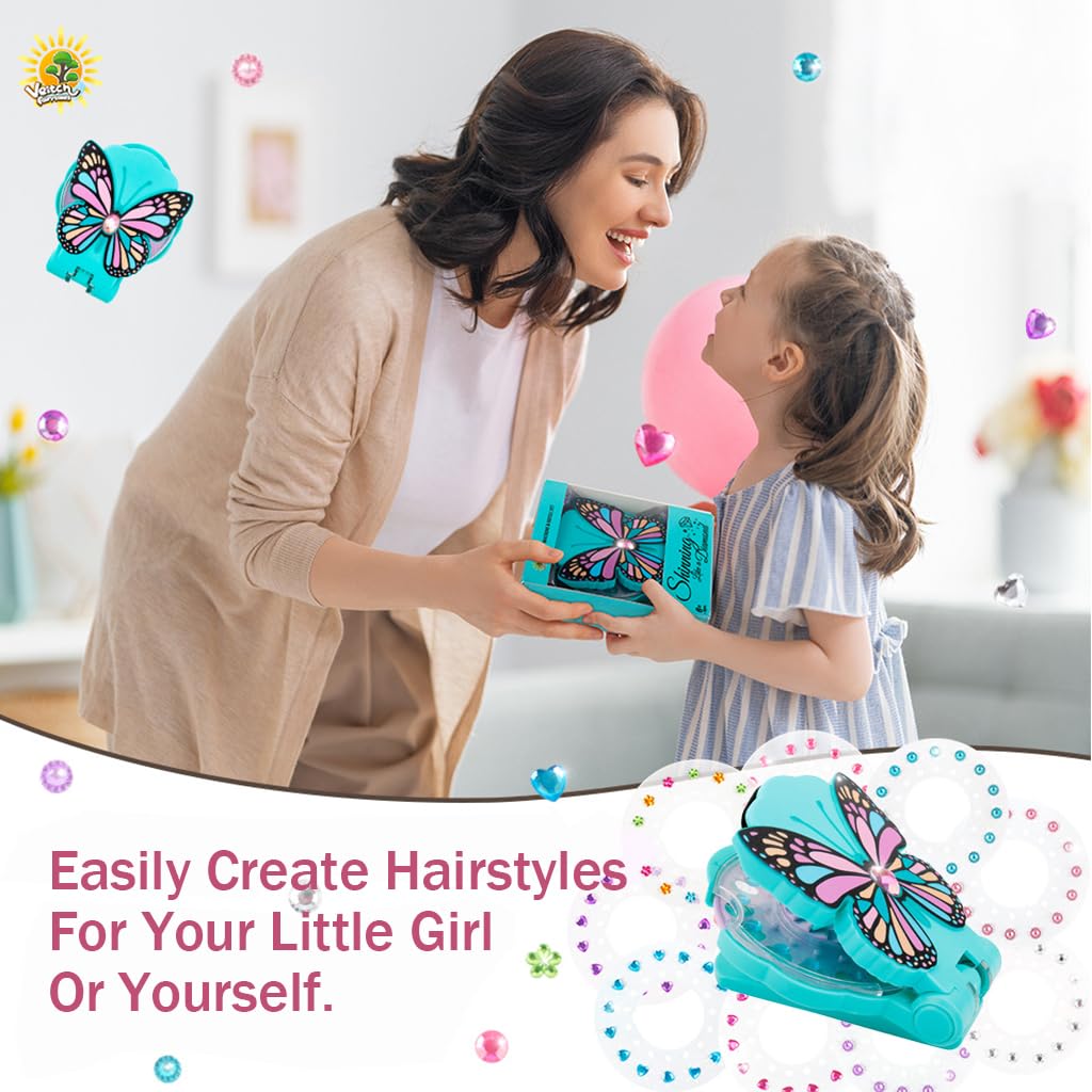 PATPAT Girls Hair Gems Stamper with 15pcs Color Gem Patches for Party Styling | Pink Rhinestone Stapler Tool for Kids and Women
