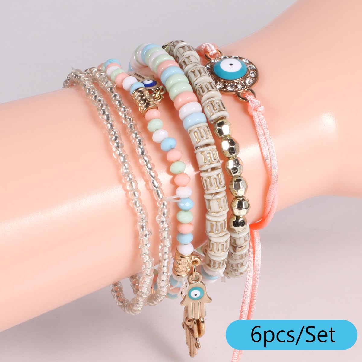 SANNIDHI Boho Stackable Multilayer Bracelet Set with Evil Eye Charm | Pack of 6 for Women