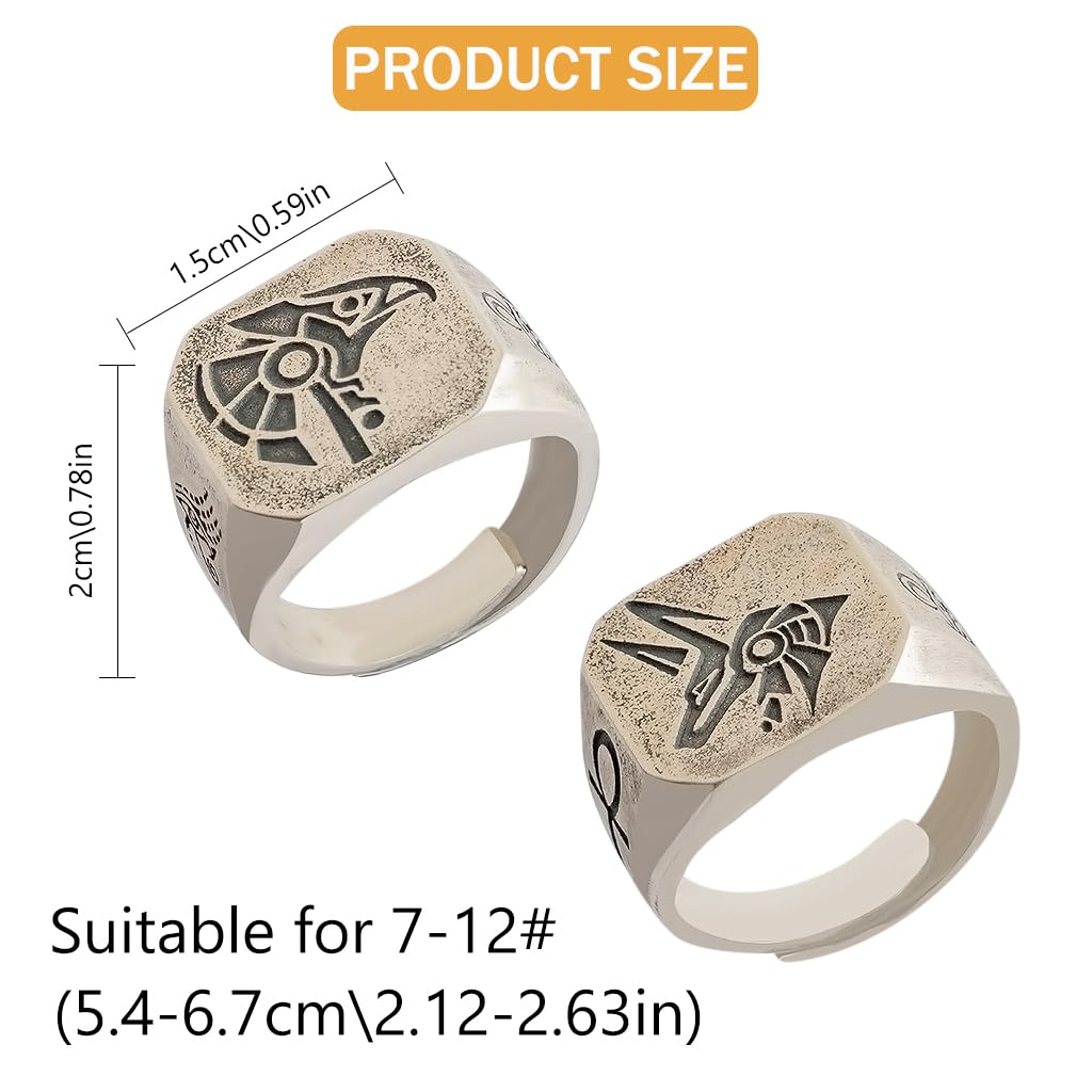 SANNIDHI 2pcs Vintage Open Ring Fashion Ancient Egypt Metal Rings Alloy Carving Rings The Eye of Horus Symbol Ring Anubis Engraved Ring Adjustable Open Ring for Men