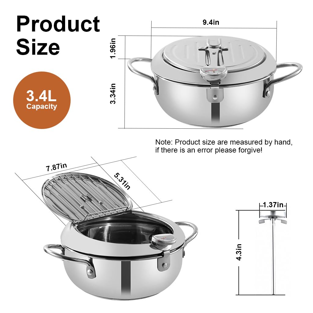 Supvox® Stainless Steel Fryer Pot Deep Fryer Pot with Lid & Oil Draining Stovetop & Induction Cooker Use Multifunctional Fryer Pot 9.4 Inch/3.4 L with Thermometer Kitchen Pot with Ears