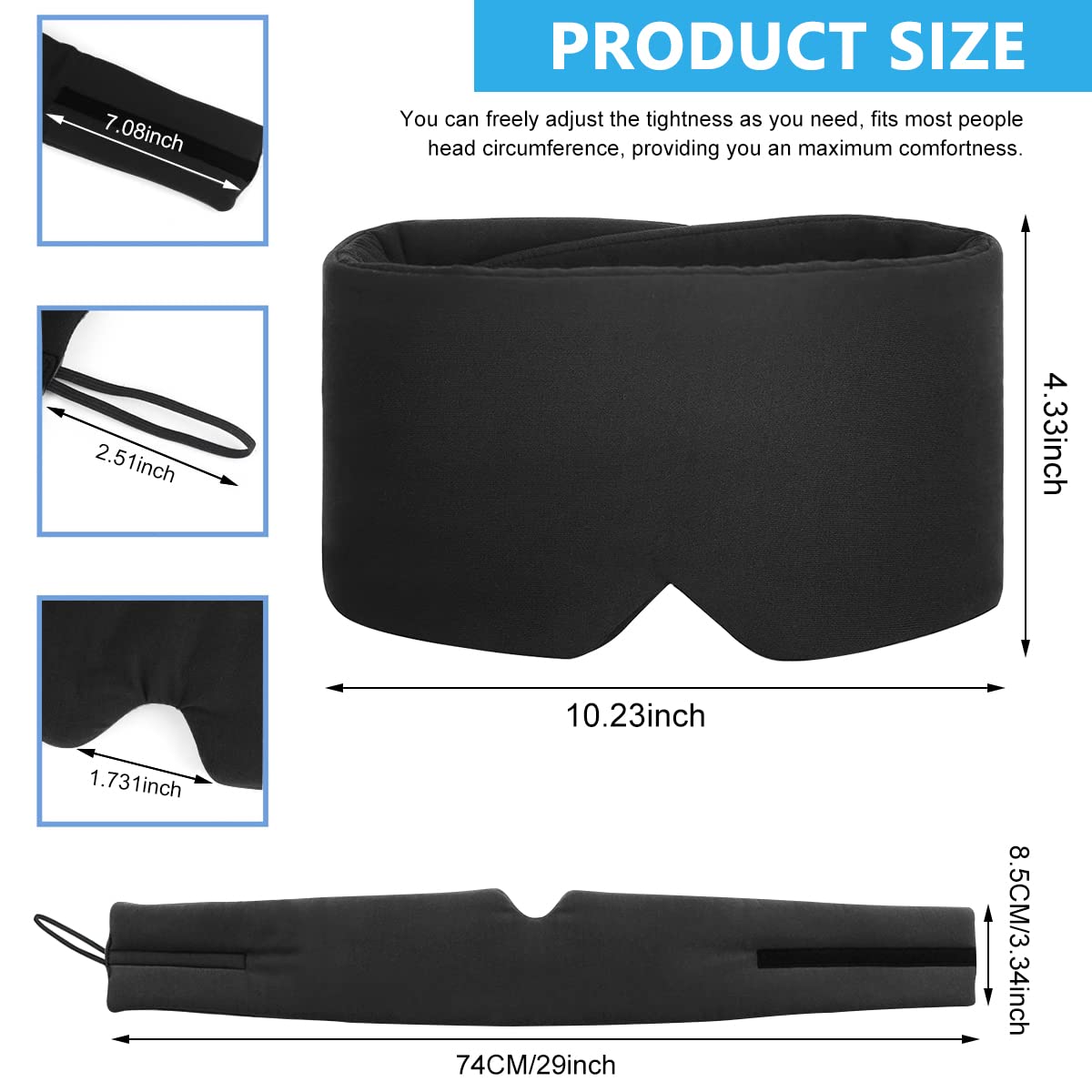 HANNEA Eye Mask for Sleep with Adjustable Velcro Fit and Curved Nose Design | Soft Black Eyeshade