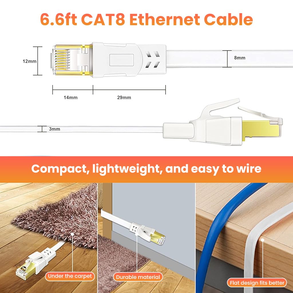 Verilux® 6.6ft CAT8 Ethernet Cable High Speed Shielded Flat Internet Cable UV Resistant Ethernet Cable for Router/Xbox/IP Cam/Modem