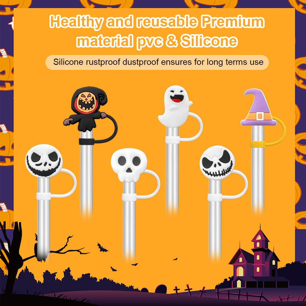 HASTHIP Silicone Straw Caps for 8-10mm Straws with Anti-Lost Loop and Dustproof Design | 6Pcs Halloween Cartoon Drinkware Accessory