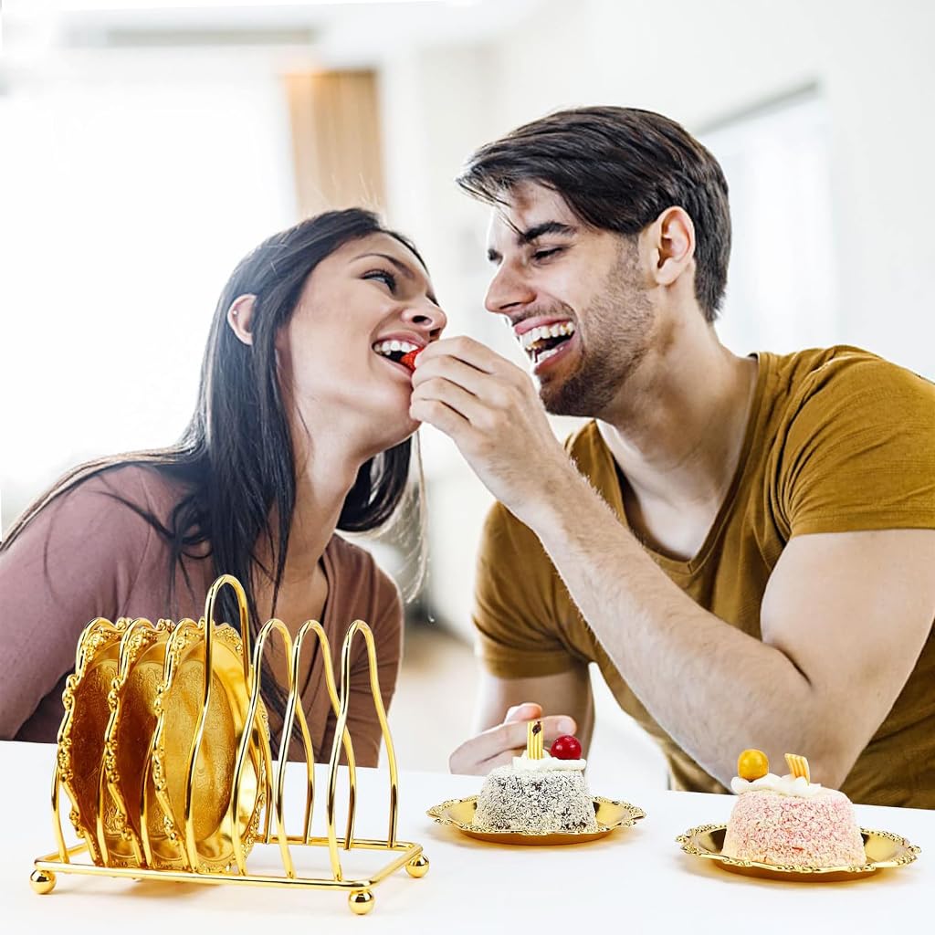 Supvox Small Dessert Plates 6 Pack 3.9 in for Parties with Golden Stand | Stainless Steel Dinnerware