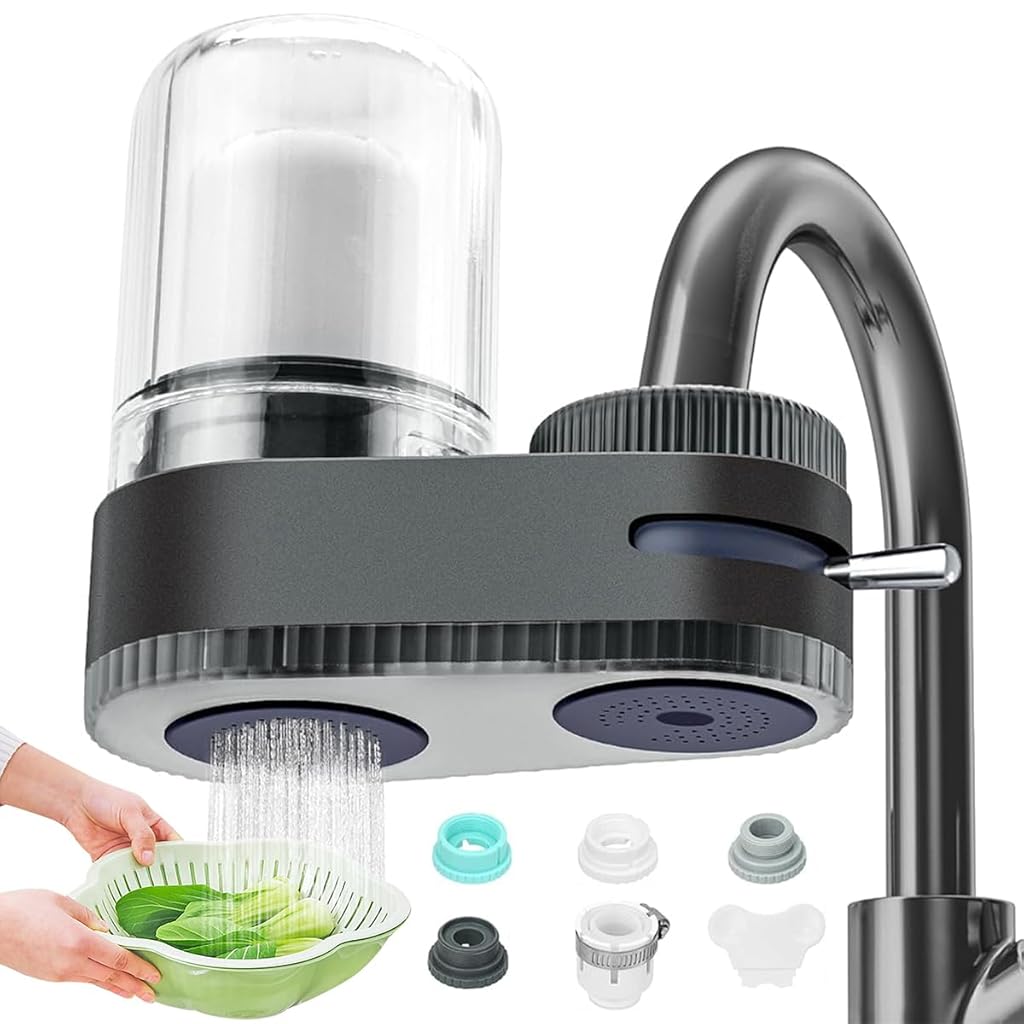 Supvox® Kitchen Sink Water Filter Dual-Spout Water Filter Multi-Level Natural Activated Carbon Filtration Water Filter Transparent Filtration Bin Design Universal Water Filter Kitchen, Bathroom