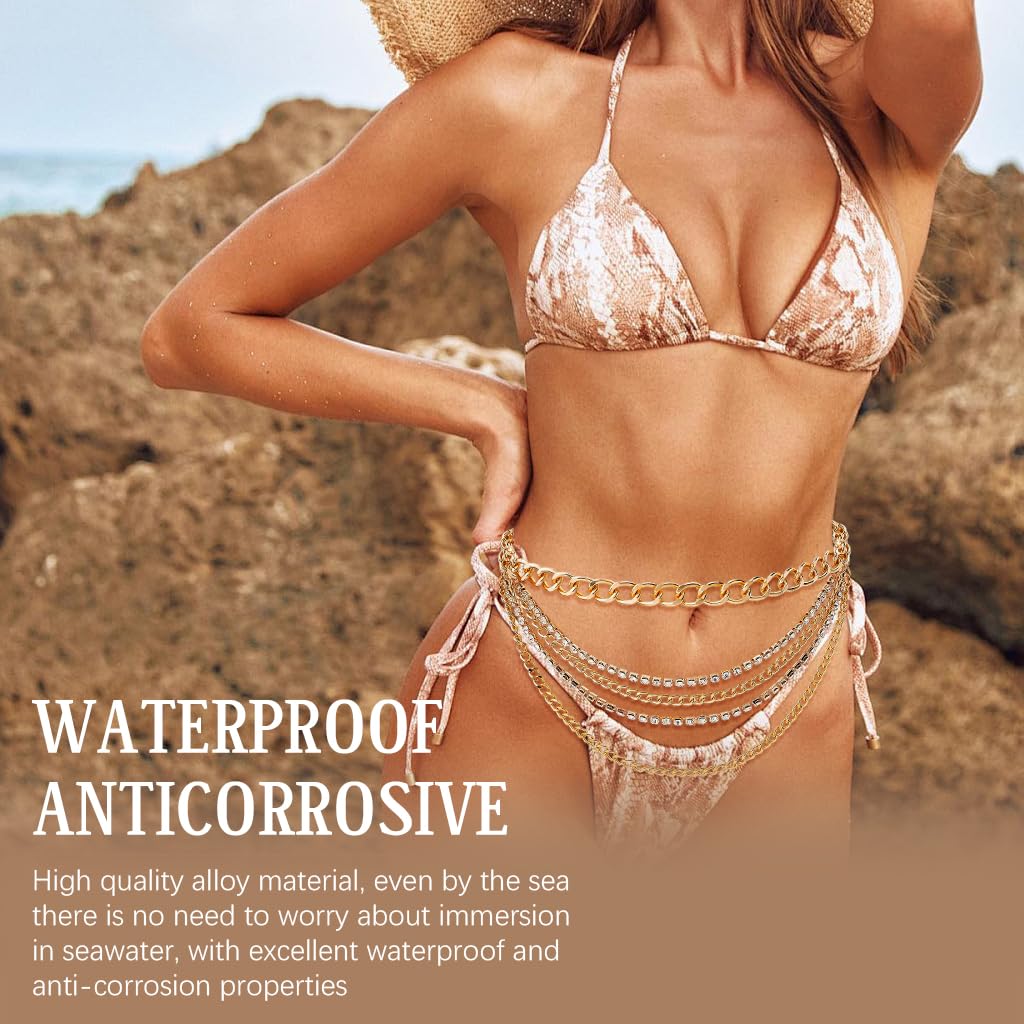 SANNIDHI Gold Waist Chain for Women featuring Multi Layered Rhinestone Design | Adjustable Fit