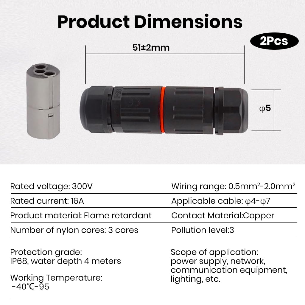 Serplex® 2Pcs Quick Electrical Connector 3 Pin Plug Connector IP68 Indoor Outdoor Wire Cable Connector Easy Push In Terminal Block Conductor Connector