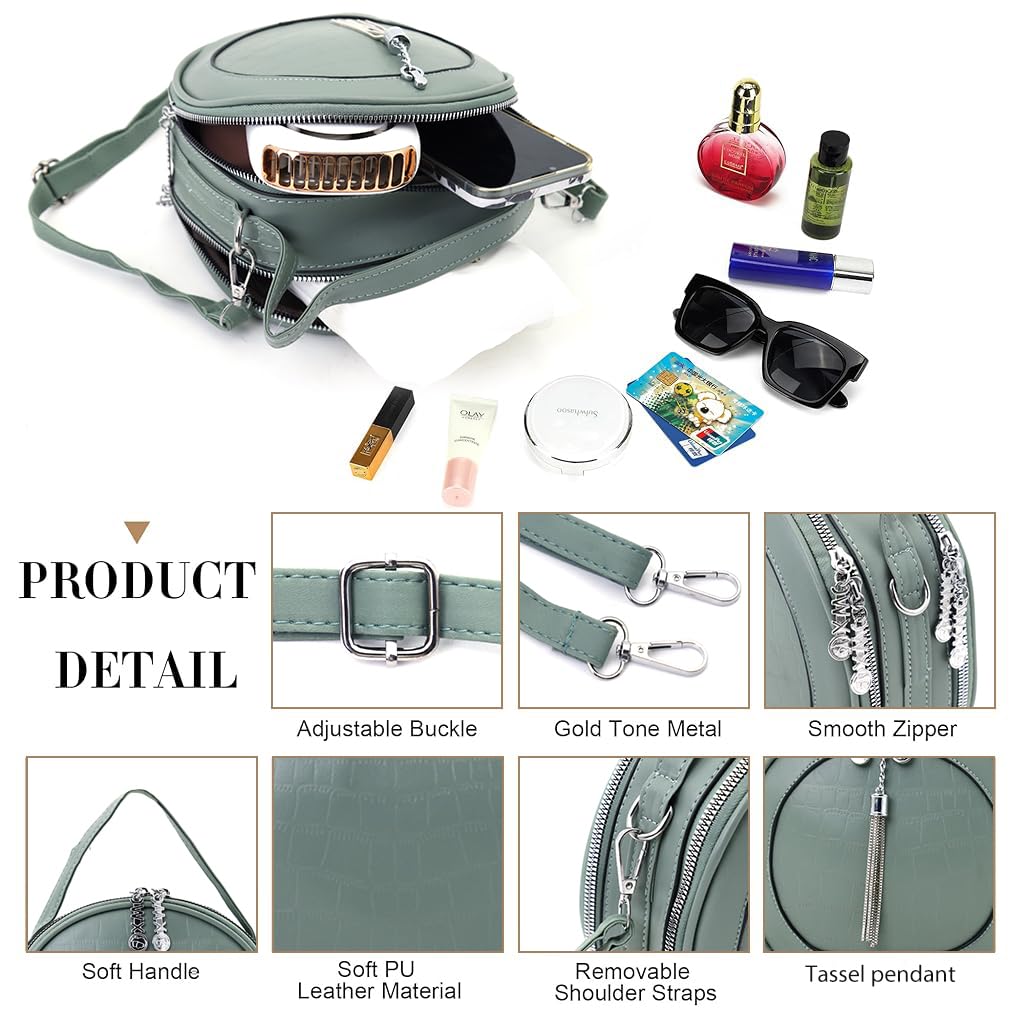 Zibuyu Hand Bag for Women featuring Double Layer Round Design 19x8x17 cm in Mint Green | Detachable Crossbody Strap