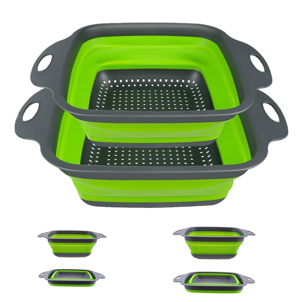 Supvox® 2-Piece Foldable Silicone Square Retractable Drain Basket Filter Set, Green-Green