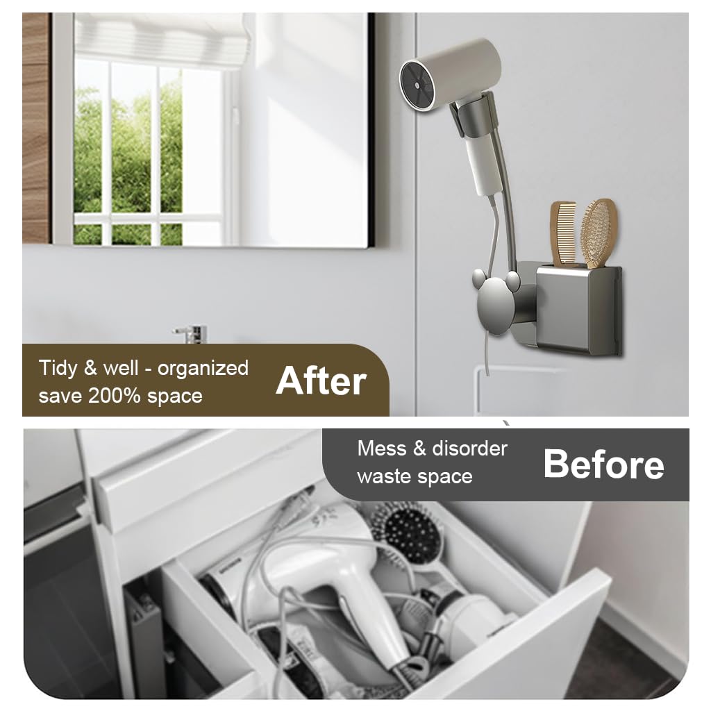 HASTHIP Hair Dryer Holder Wall Mount for Hands Free Styling with Flexible Gooseneck | Bathroom Organizer with Storage Compartment and Cable Management