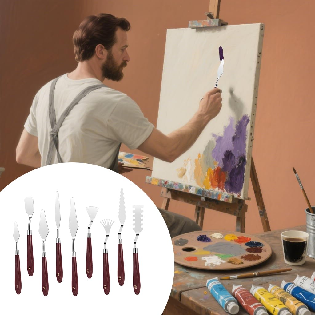 HASTHIP Acrylic Paint Scrapers Set for Texture Art with 9 Steel Tools & 6 Panels | Ergonomic Wooden Handles for Artists