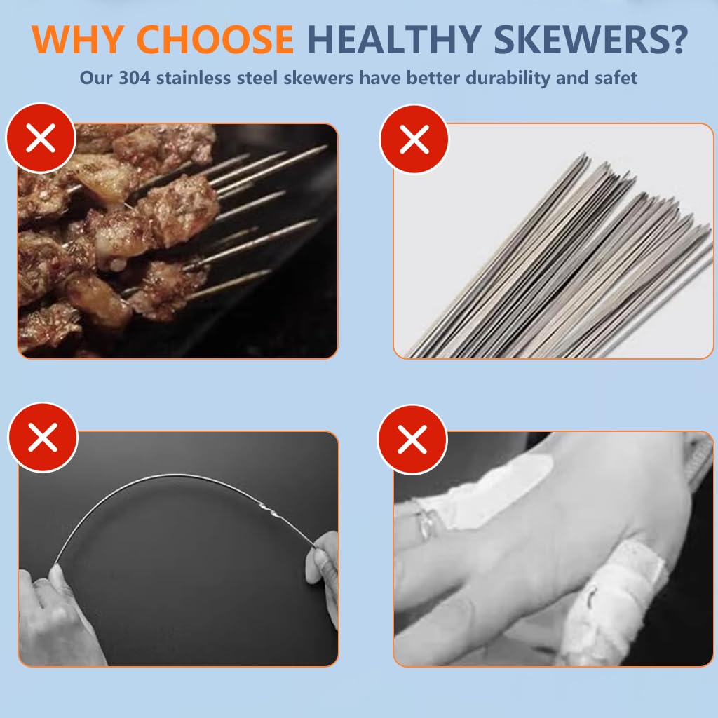 HASTHIP BBQ Skewers 25 pcs for Grilling with 12.9 in Flat Arrow Tips and 9 cm Wooden Handles | Stainless Steel Set with Storage Tube