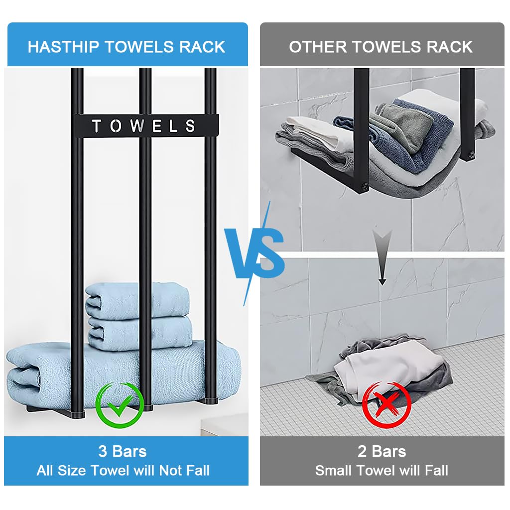 HASTHIP® Towel Rack for Bathroom, Wall Mounted Towel Holder, Large Capacity 3 Bar Towel Racks, Bathroom Towel Storage, Metal Bath Towel Holder for Folded Large Towel Washcloths, 28'' x 7.9'' (Black)