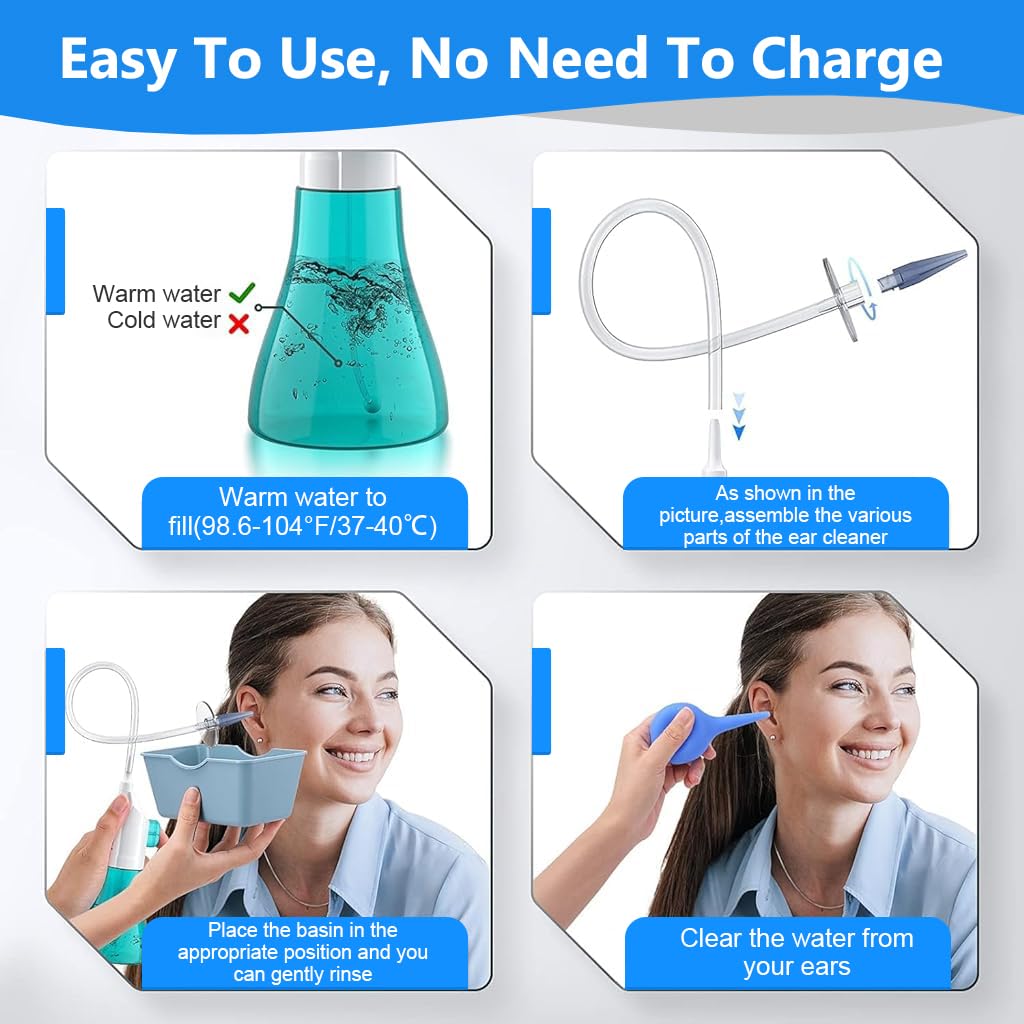 HANNEA® Manual Ear Rinser Kit Long Tube Ear Canal Irrigator for Adults & Kids Ear Cleaning Rinser with 30Pcs Single-Hole Nozzles, 1 Five-Hole Nozzle, Towel, Silicone Water Sucker, Water Basin