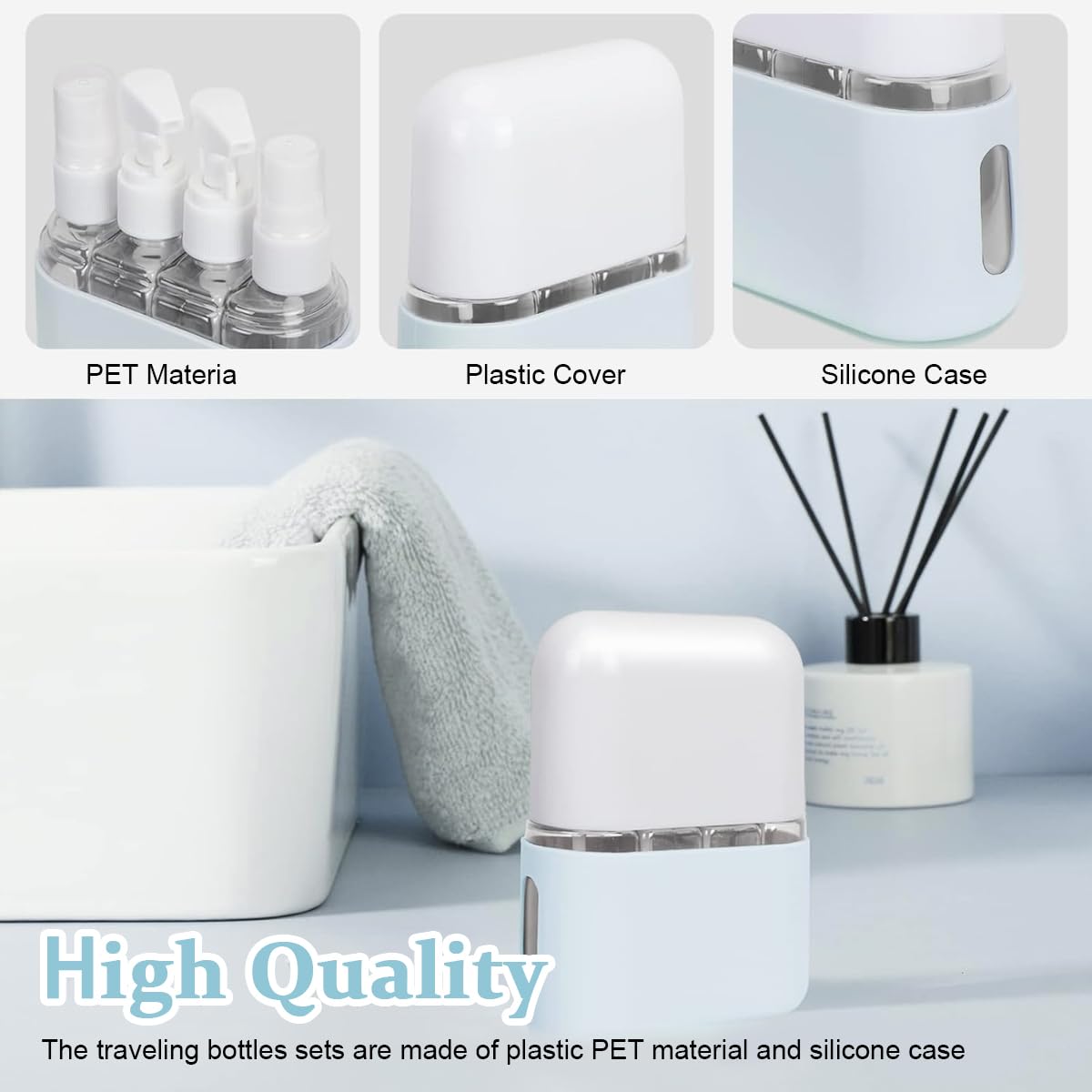 MAYCREATE Travel Bottles 4pcs 50ml Set for Toiletries with Leak Proof Lid and Storage Case | Blue Refillable PP Containers