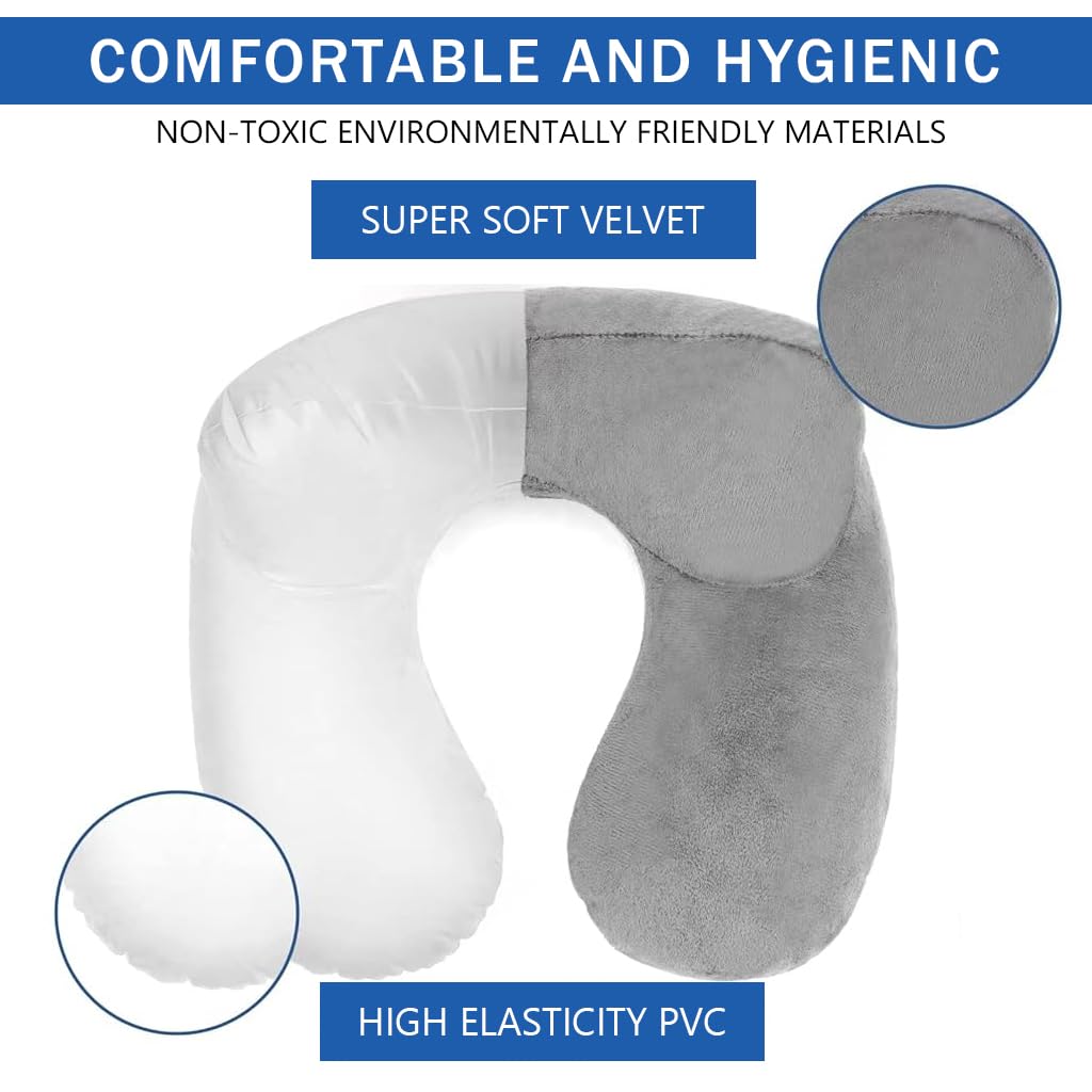 HANNEA Inflatable Travel Neck Pillow for Airplane Sleeping with 360° Ergonomic Support | Soft Velvet Washable Set with Eye Mask and Earplugs