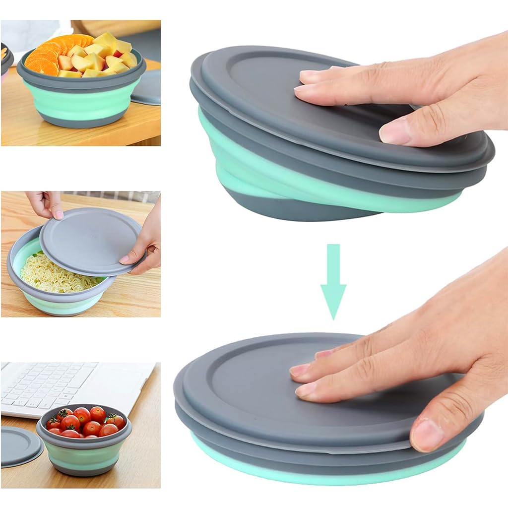 HASTHIP Collapsible Bowl Set for Camping and Travel featuring Leak Proof Lids and 3 Sizes 300ml 650ml 900ml