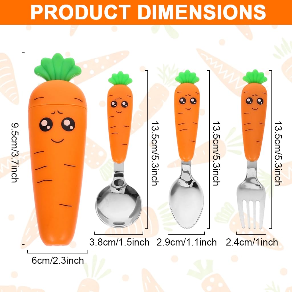 Supvox Spoon and Fork Set for Toddlers with Case featuring Carrot Handles and Serrated Spoon